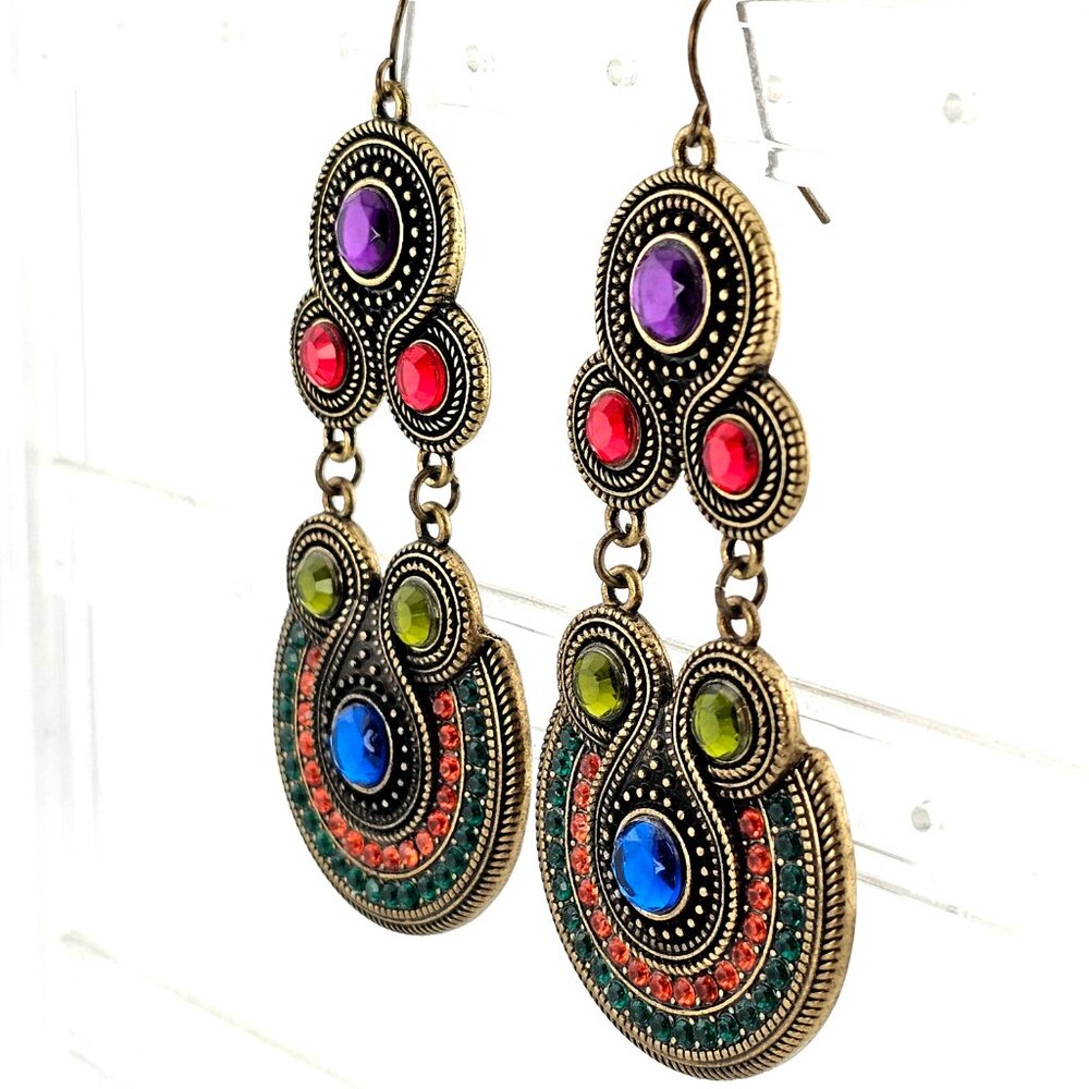 Boho Multicolor Rhinestone Drop Earrings Antique Gold Statement - Picture 4 of 7